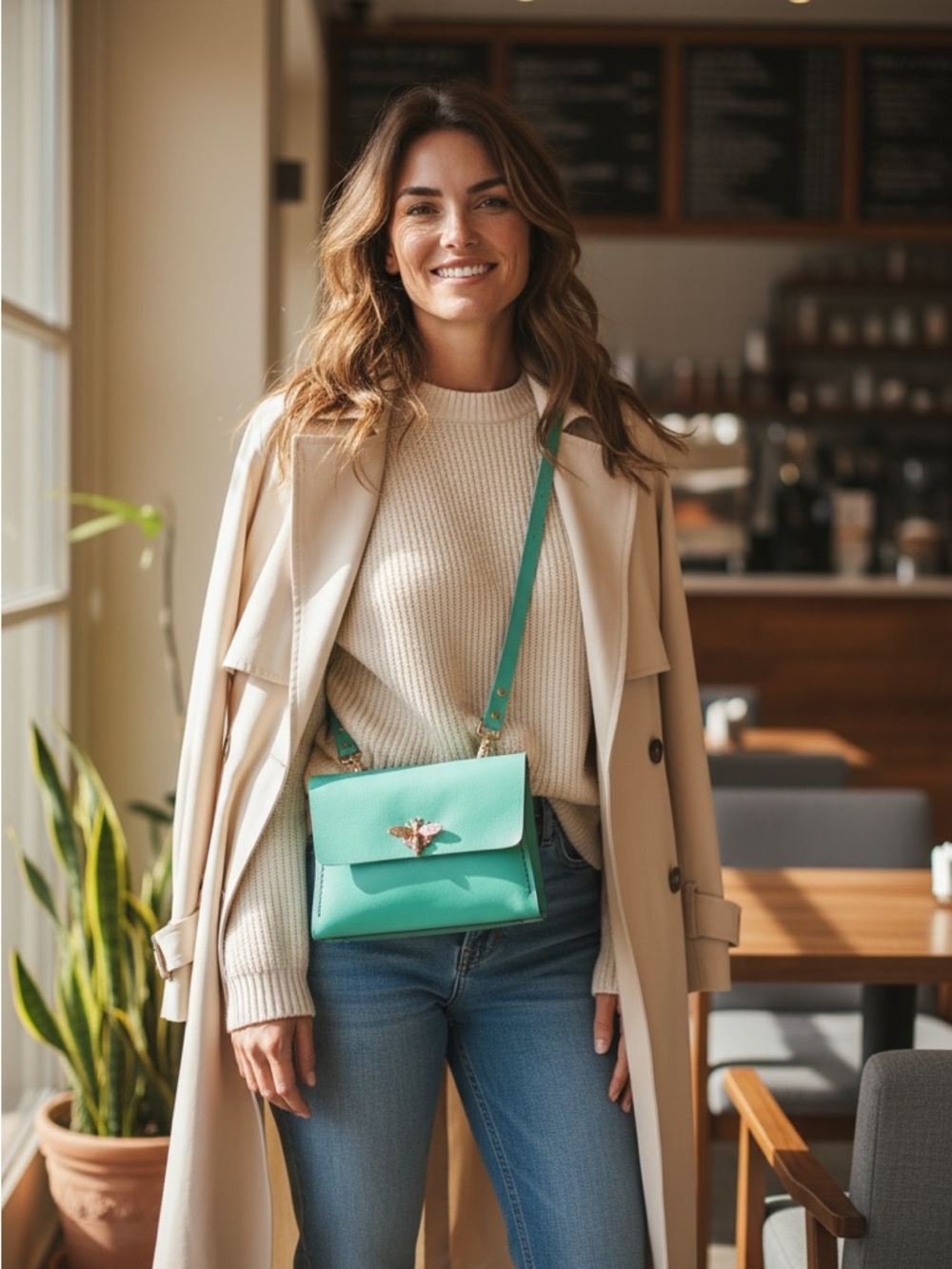 Mint Green Leather Crossbody Bag | Copper Bee Clasp | Minimalist Everyday